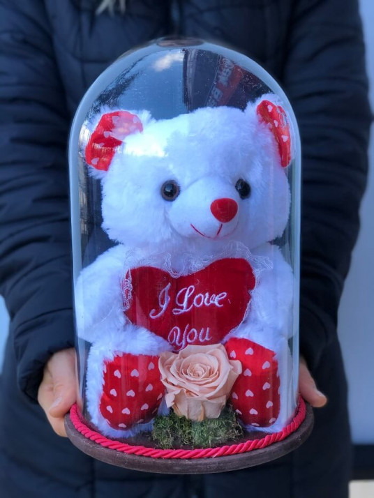 Solmayan Somon Gül ve Beyaz Pelüş Ayı Solmayan Somon Gül ve Beyaz Pelüş Ayı