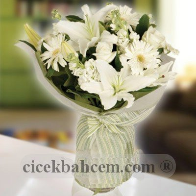 Beyaz Gül, Gerbera, Şebboy Buketi Beyaz Gül, Gerbera, Şebboy Buketi