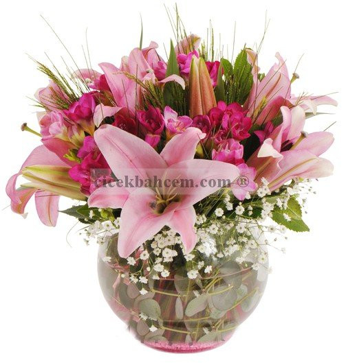 Cam Fanusta Pembe Kokylu Lilyum ve Kır Çiçekleri Aranjmanı  Cam Fanusta Pembe Kokylu Lilyum ve Kır Çiçekleri Aranjmanı
