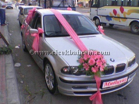 Gelin Arabası Süsleme Pembe Sedef ve Pembe Çiçekler 