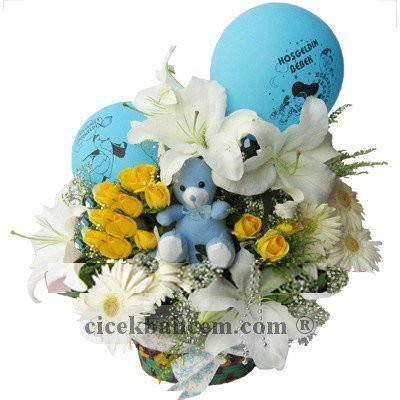 Hoşgeldin Yakışıklı Bebek 'Kokulu Lilyum Sarı Gül Aranjmanı  Hoşgeldin Yakışıklı Bebek 'Kokulu Lilyum Sarı Gül Aranjmanı