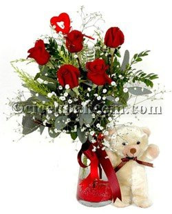 Neşeli Aşık 5 Kırmızı Gül & Sevimli Oyuncak  Neşeli Aşık 5 Kırmızı Gül & Sevimli Oyuncak