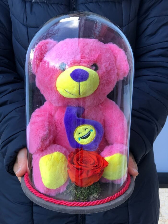 Solmayan Kırmızı Gül ve Pembe Pelüş Ay Solmayan Kırmızı Gül ve Pembe Pelüş Ay