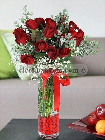 Uzun Cam vazoda 17 Adet Kırmızı Gül Seni Seviyorum Uzun Cam vazoda 17 Adet Kırmızı Gül Seni Seviyorum