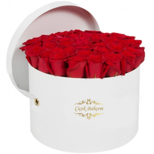 Beyaz Yuvarlak Kutuda 35 Kırmızı Gül  Beyaz Yuvarlak Kutuda 35 Kırmızı Gül