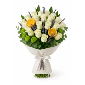 25 Adet Beyaz Gül Buketi – Portakal ve Lavanta Detaylı Beyaz Gül Aranjmanı
