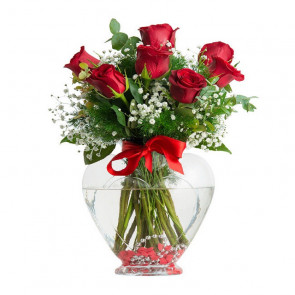Kalp Vazoda 7 Adet Kırmızı Gül