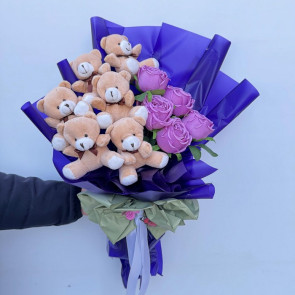 Peluş Ayı ve Lila Gül Buketi - Özel ve Anlamlı Hediye