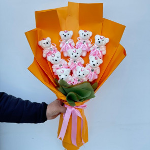 Pembe Etekli Ayıcık Buketi - 9’lu Sevimli Peluş Set