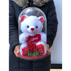 Solmayan Kırmızı Gold Gül ve Beyaz Pelüş Ayı